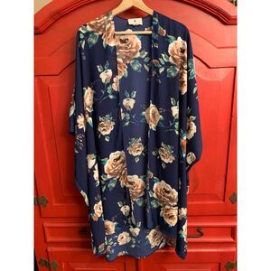 Betsey's Boutique One Size Long Floral Cardigan Cover up Blue Tunic Length EUC
